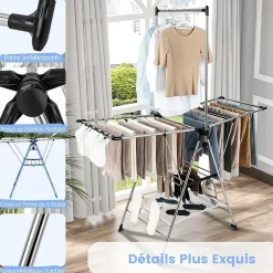 Giantex Étendoir à Linge Pliable à 6 Niveaux Réglable en Hauteur avec Cintres Suspendus en Hauteur et Clips Latéraux Séchoir à Ailes* Etendoir À Linge