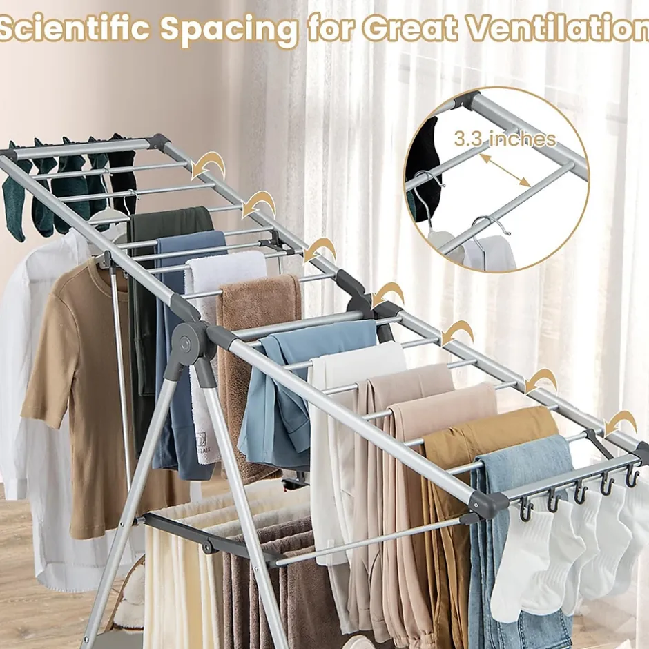 Giantex Étendoir à Linge Pliable à 2 Niveaux en Aluminium avec Ailes Réglables en Hauteur 21 Rails de Séchage 10 Pinces* Etendoir À Linge