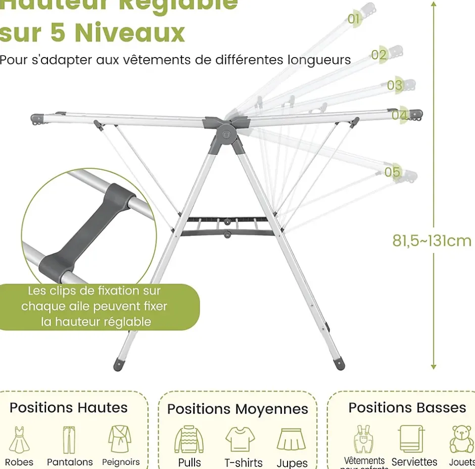Giantex Étendoir à Linge Pliable à 2 Niveaux en Aluminium avec Ailes Réglables en Hauteur 21 Rails de Séchage 10 Pinces* Etendoir À Linge