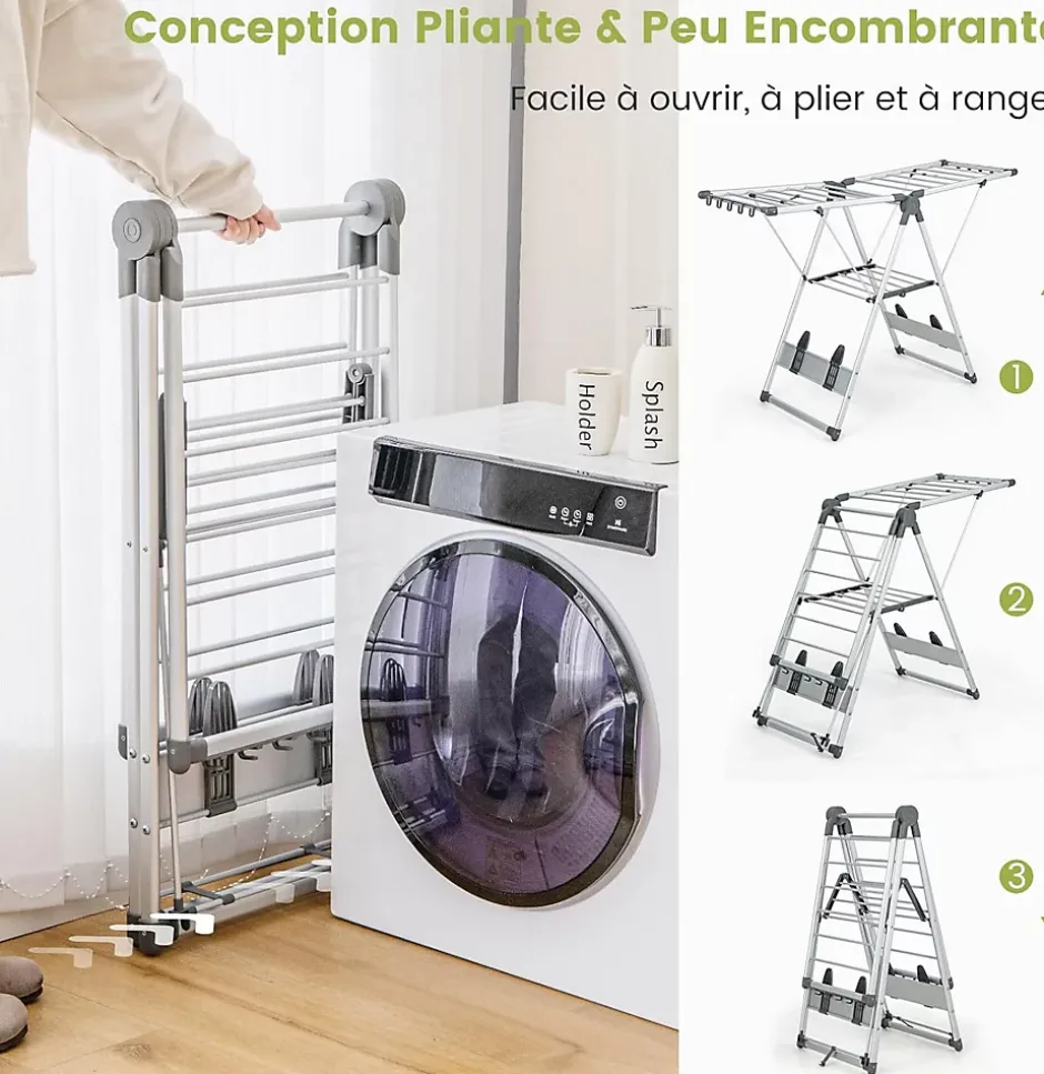 Giantex Étendoir à Linge Pliable à 2 Niveaux en Aluminium avec Ailes Réglables en Hauteur 21 Rails de Séchage 10 Pinces* Etendoir À Linge