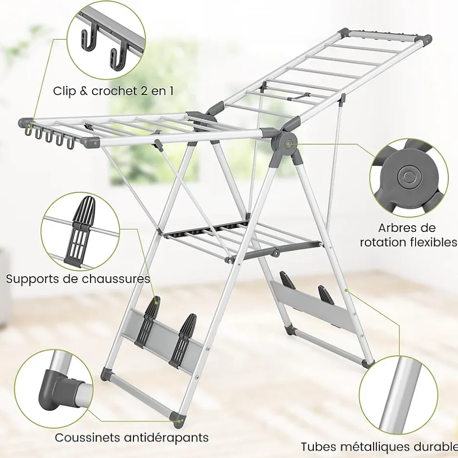 Giantex Étendoir à Linge Pliable à 2 Niveaux en Aluminium avec Ailes Réglables en Hauteur 21 Rails de Séchage 10 Pinces* Etendoir À Linge