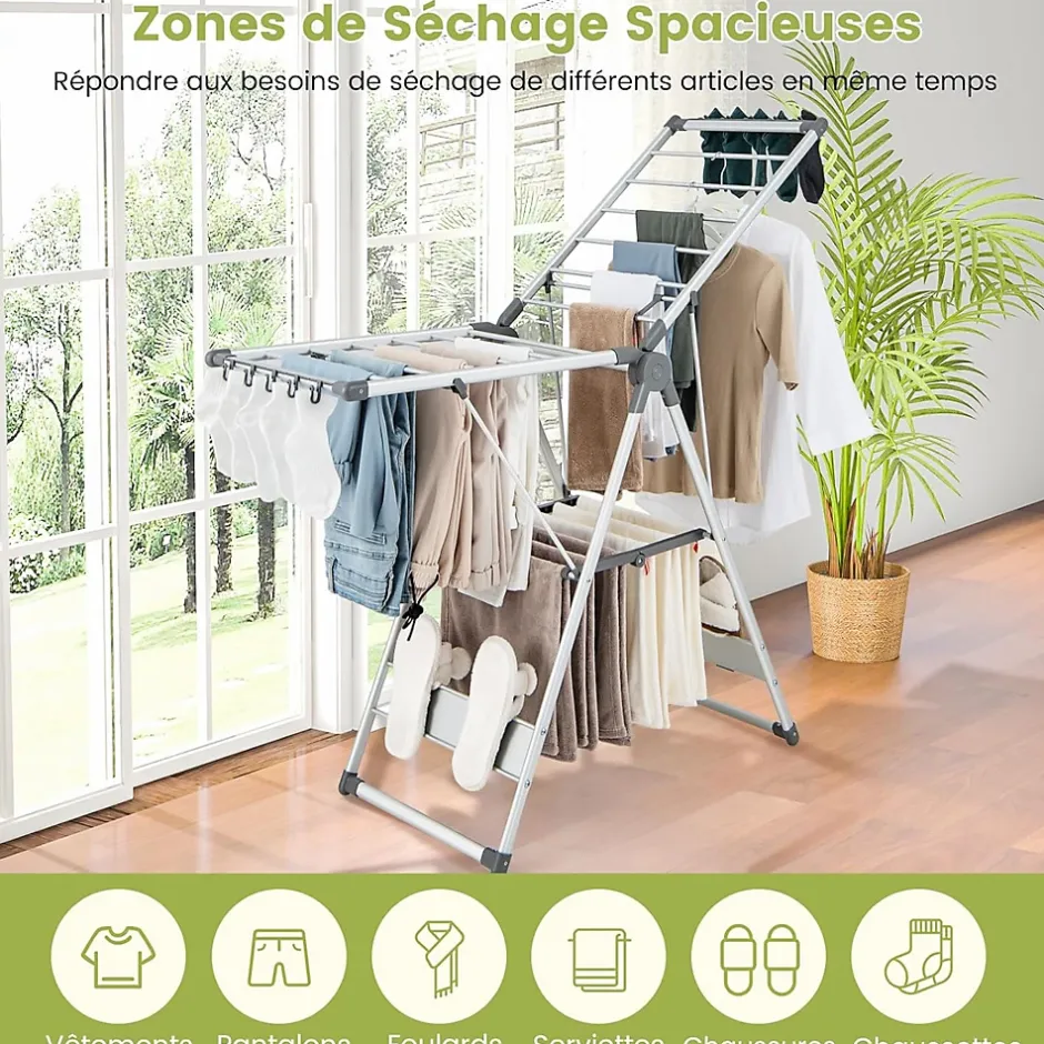 Giantex Étendoir à Linge Pliable à 2 Niveaux en Aluminium avec Ailes Réglables en Hauteur 21 Rails de Séchage 10 Pinces* Etendoir À Linge