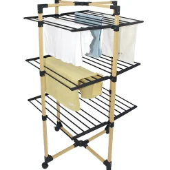 Kitchen Move Étendoir à linge pliable 30 m d'étendage sur 3 niveaux avec roulettes, acier noir et effet bois, Willis* Etendoir À Linge