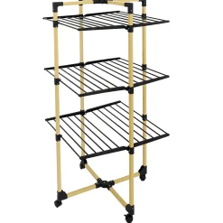 Kitchen Move Étendoir à linge pliable 30 m d'étendage sur 3 niveaux avec roulettes, acier noir et effet bois, Willis* Etendoir À Linge