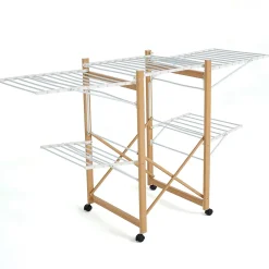 Kitchen Move Étendoir à linge pliable sur roulettes 32 m d'étendage 2 niveaux, aluminium effet bois et plastique blanc, Ushuaia