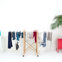 Kitchen Move Étendoir à linge pliable sur roulettes 32 m d'étendage 2 niveaux, aluminium effet bois et plastique blanc, Ushuaia