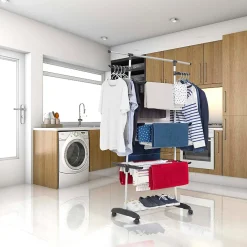 Kitchen Move Étendoir à linge sur roulettes multifonction grande capacité 18 m d'étendage, 3 niveaux et 2 portes-cintres, noir et inox, Ultima