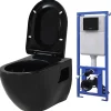Vidaxl Toilette suspendue au mur avec réservoir caché Céramique Noir