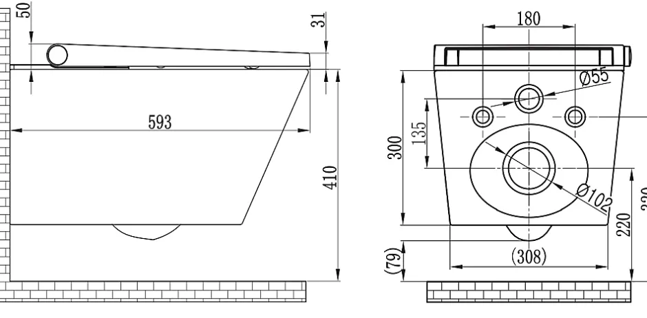 Bernstein Toilettes Japonais céramique, WC lavant japonais avec module noir (100,4x48,3x10,8cm) - WC 38,4x59,3x38cm - Basic 1102* Wc Japonais