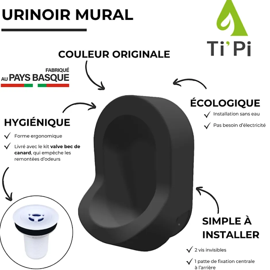 Ti'Pi Urinoir sans eau mural noir + kit valve bec de canard + pack entretien* Urinoir