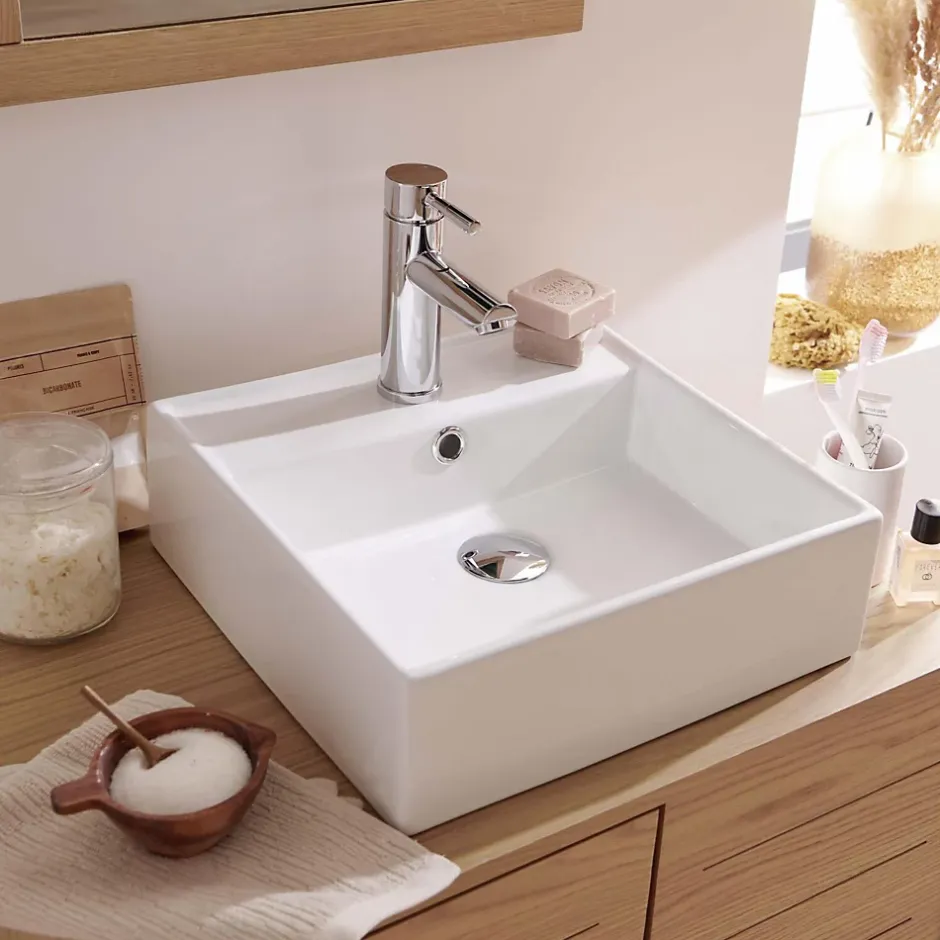 Mob-In Vasque à poser carrée en céramique blanche 38cm