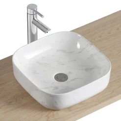 Homesight Vasque à poser carrée gamme Lou en céramique imitation marbre blanc l.37 x P.37 x H.12 cm
