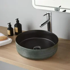 Planète Bain Vasque à poser céramique ronde Asina - 36cm - Décor vert noir mat* Vasque À Poser