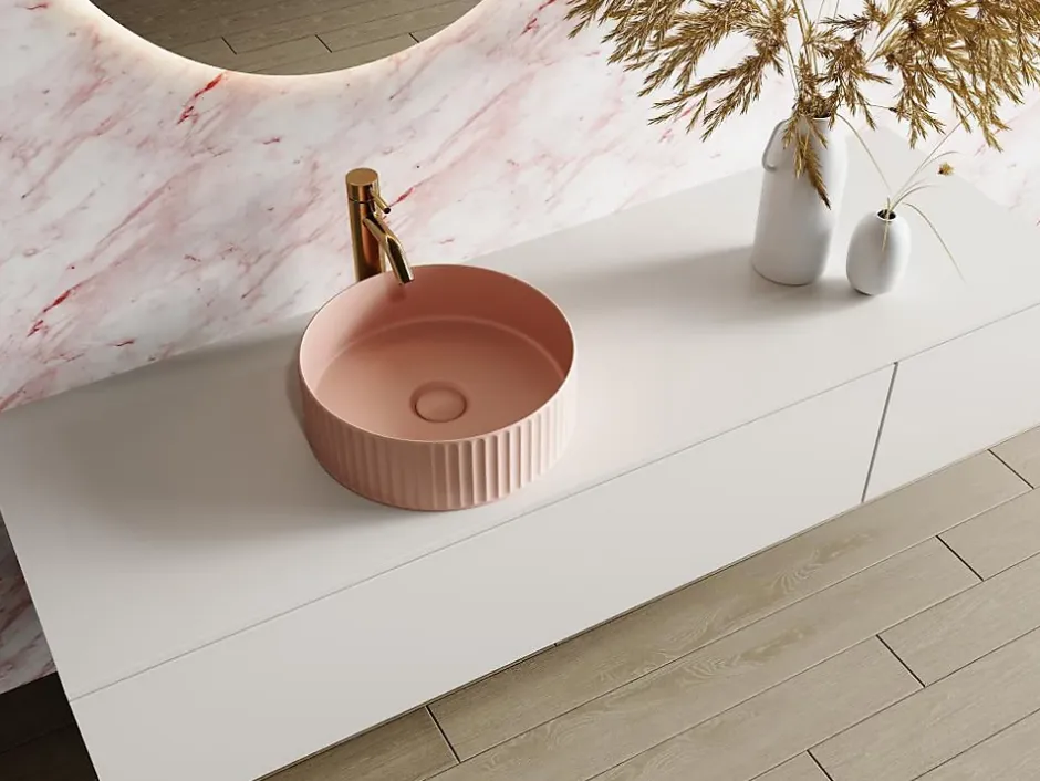 Vente-unique Vasque à poser en céramique striée ronde - Rose mat - 36 cm - PEDARA* Vasque À Poser