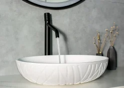 Bernstein Vasque à poser en fonte minérale - 50x40x12cm - Blanc mat, Avec bonde Pop Up - LEO* Vasque À Poser