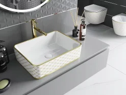 Silla Global Vasque à poser rectangulaire, céramique 48x37x13 cm Blanc/or* Lavabo