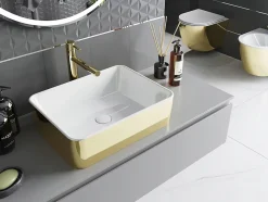 Silla Global Vasque à poser rectangulaire, céramique 48x37x13 cm Blanc/or* Lavabo