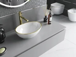 Silla Global Vasque à poser rectangulaire, céramique 40,5x33x14 cm Blanc/or* Lavabo