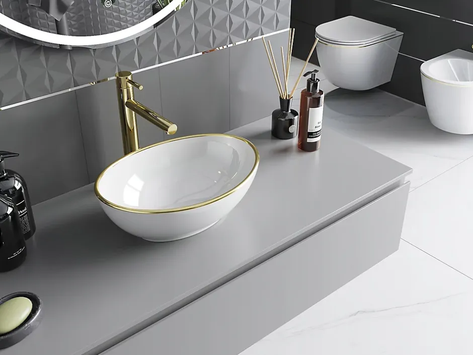 Silla Global Vasque à poser rectangulaire, céramique 40,5x33x14 cm Blanc/or* Lavabo
