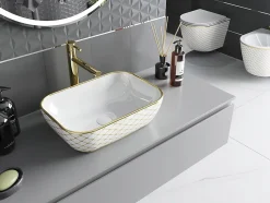 Silla Global Vasque à poser rectangulaire, céramique 45,5x32,5x13,5 cm Blanc/or* Lavabo