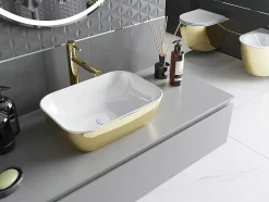 Silla Global Vasque à poser rectangulaire, céramique 45,5x32,5x13,5 cm Blanc/or* Lavabo