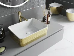 Silla Global Vasque à poser rectangulaire, céramique 48x37x13 cm Blanc/or