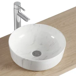 Homesight Vasque à poser ronde céramique imitation marbre blanc Lou