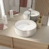 Galedo Vasque à poser ronde en céramique blanche avec liseré doré rosé Ø35,5 x H.12 cm,* Vasque À Poser