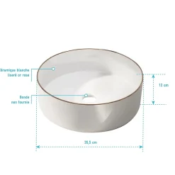 Galedo Vasque à poser ronde en céramique blanche avec liseré doré rosé Ø35,5 x H.12 cm,* Vasque À Poser