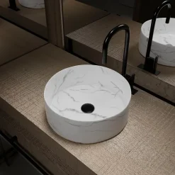Aurlane Vasque à poser Ronde en Céramique Blanche Mat Effet Marbre - 36cm x 13cm - WHITE MARBLE* Vasque À Poser