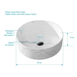 Aurlane Vasque à poser Ronde en Céramique Blanche Mat Effet Marbre - 36cm x 13cm - WHITE MARBLE* Vasque À Poser