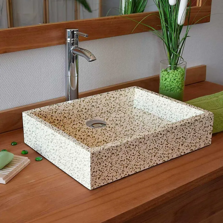 Autres Vasque à poser timbre crème moucheté carrée en Terrazzo pour salle de bain* Vasque À Poser