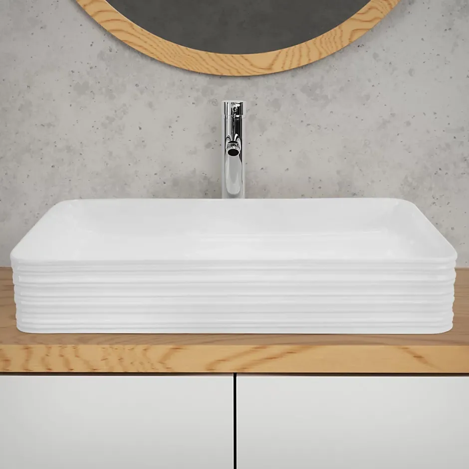 Ml-Design Vasque blanc rectangulaire en ceramique lavabo lave-mains a poser 680x380x120 mm