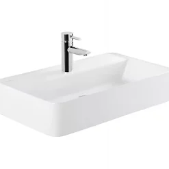 Sanindusa Vasque céramique traditionnelle rectangulaire a poser sur plan 60x35 avec trou pour robinetterie Sanlife blanc