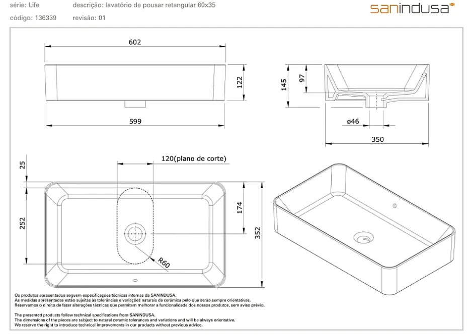 Sanindusa Vasque céramique traditionnelle rectangulaire a poser sur plan 60x35 Sanlife blanc