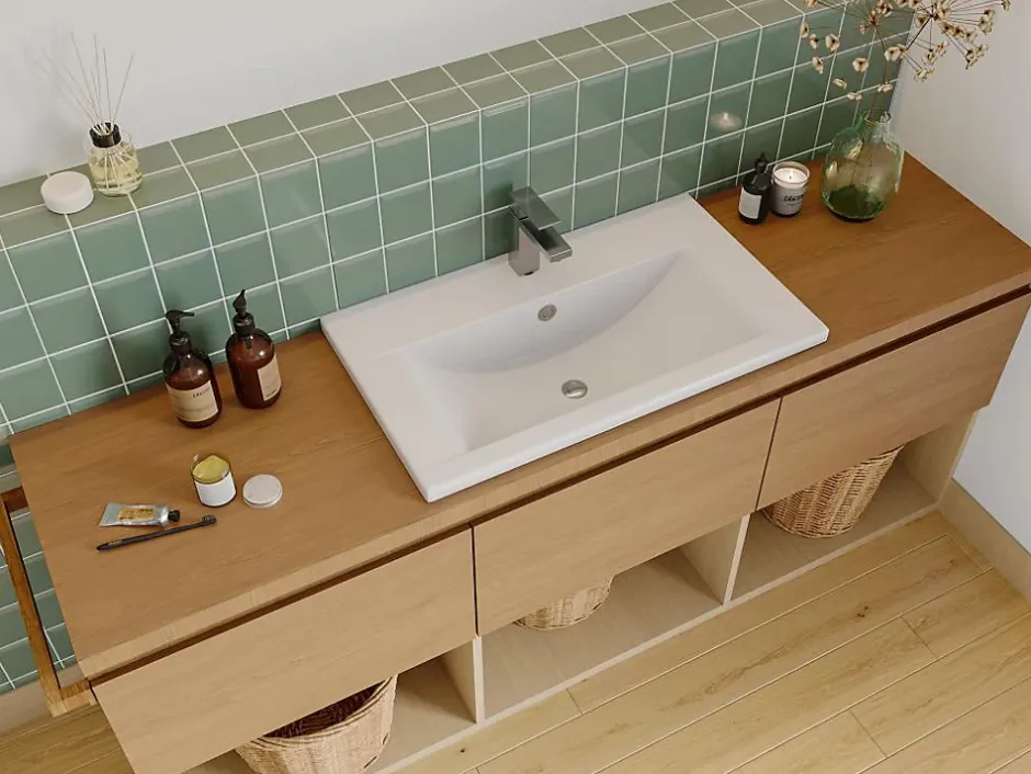 Vente-unique Vasque de salle de bain semi-encastrée rectangle en céramique - 71,5 cm - Blanc - YASMAC II