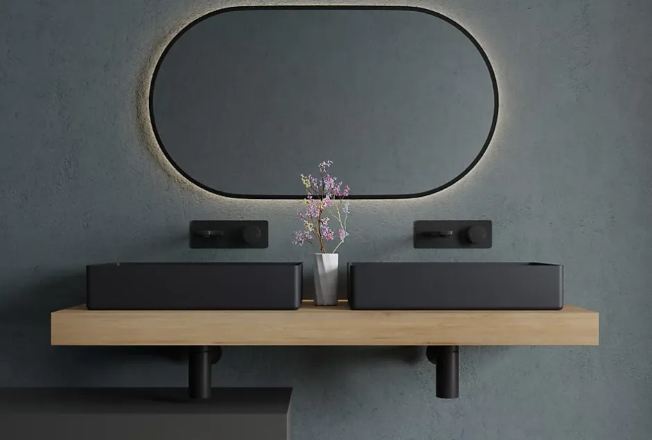 Bernstein Vasque Lavabo rectangulaire à poser 52,4x34,4x11cm en acier inoxydable sur meuble de salle de bain NT12 - Noir mat
