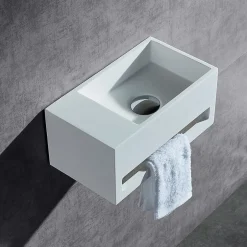 Bernstein Vasque murale design, Lave main fonte minérale Salle de bain, Blanc mat, 35,5x20x16cm, BA2105 + cache blanc + rangement à gauche