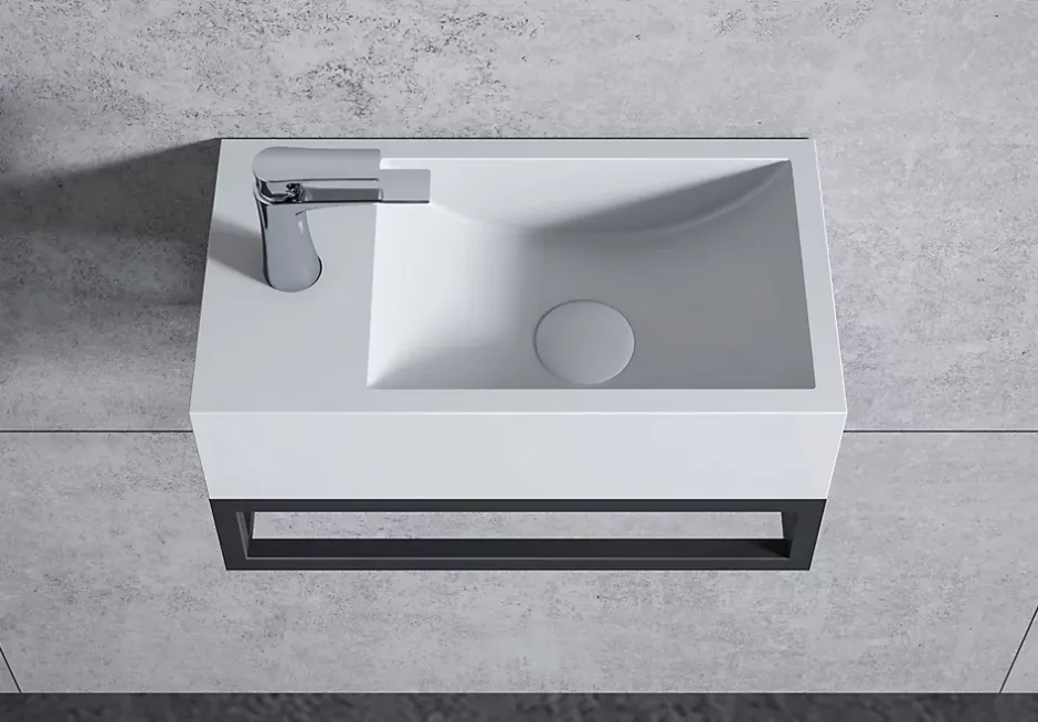 Bernstein Vasque murale suspendue design 44x22x10cm en fonte minérale - Blanc mat, Avec bonde et cache blanc, Rangement gauche, Avec Console* Lavabo