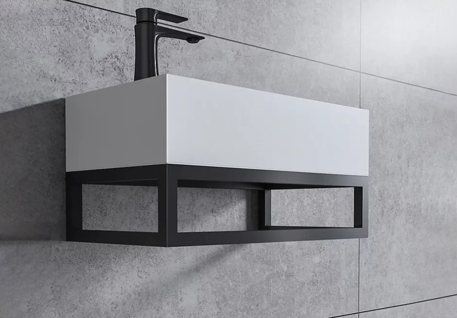 Bernstein Vasque murale suspendue design 44x22x10cm en fonte minérale - Blanc mat, Avec bonde et cache blanc, Rangement gauche, Avec Console* Lavabo
