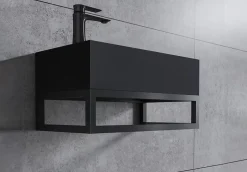 Bernstein Vasque murale suspendue design 44x22x10cm en fonte minérale - Sans bonde ni cache, Rangement gauche, Quartz noir, Avec Console