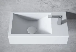 Bernstein Vasque murale suspendue design 44x22x10cm en fonte minérale - Blanc mat, Avec bonde et cache blanc, Rangement droite, Sans console