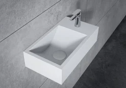 Bernstein Vasque murale suspendue design 44x22x10cm en fonte minérale - Blanc mat, Avec bonde et cache blanc, Rangement droite, Sans console