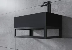 Bernstein Vasque murale suspendue design 44x22x10cm en fonte minérale - Avec bonde, Sans cache, Rangement droite, Quartz noir, Avec Console* Lavabo