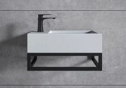 Bernstein Vasque murale suspendue design 44x22x10cm en fonte minérale - Blanc mat, Avec bonde, Sans cache, Rangement gauche, Avec Console* Lavabo