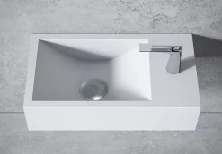Bernstein Vasque murale suspendue design 44x22x10cm en fonte minérale - Blanc mat, Sans bonde ni cache, Rangement droite, Sans console* Lavabo