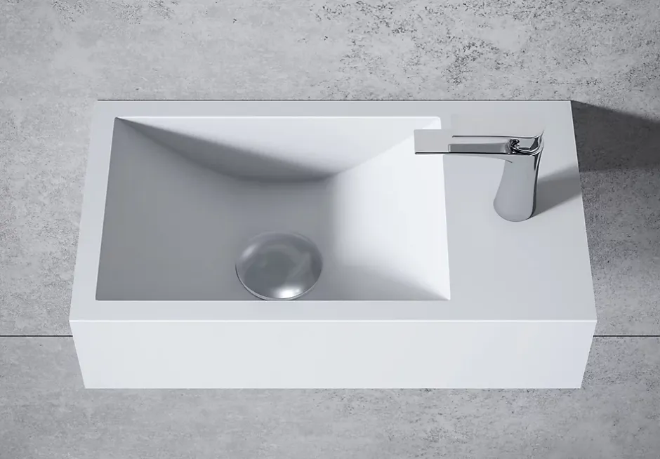 Bernstein Vasque murale suspendue design 44x22x10cm en fonte minérale - Blanc mat, Sans bonde ni cache, Rangement droite, Sans console* Lavabo