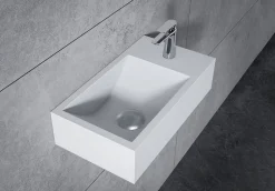 Bernstein Vasque murale suspendue design 44x22x10cm en fonte minérale - Blanc mat, Sans bonde ni cache, Rangement droite, Sans console* Lavabo