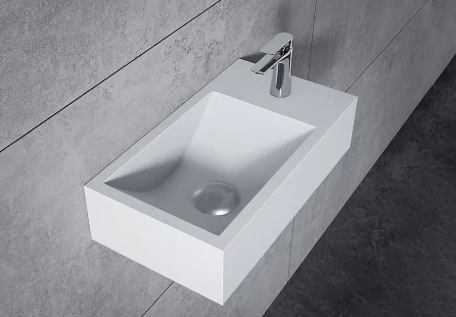 Bernstein Vasque murale suspendue design 44x22x10cm en fonte minérale - Blanc mat, Sans bonde ni cache, Rangement droite, Sans console* Lavabo