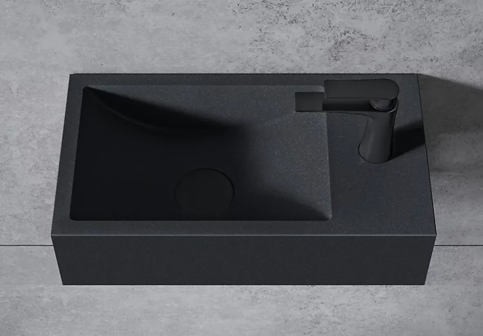Bernstein Vasque murale suspendue design 44x22x10cm en fonte minérale - Avec bonde et cache, Rangement droite, Sans console, Quartz noir* Lavabo